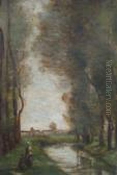 Baptiste Corot -- Figures By The Shores Of A River With Woodland - view 1