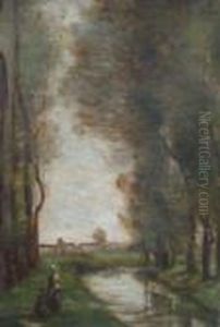 Baptiste Corot -- Figures By The Shores Of A River With Woodland by Jean-Baptiste-Camille Corot