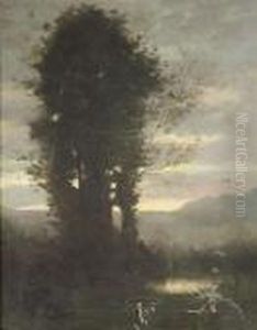 Landscape At Sunset Light. Oil/canvas/canvas. Traces Due To The Age, Rest by Jean-Baptiste-Camille Corot