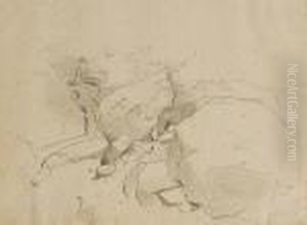 Etude D'arbres En Italie; Genzano, Etude De Rochers Et Paysan S'eloignant Sur Un Mulet - view 1