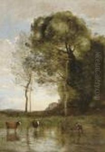 Bords D'etang Aux Deux Vaches, Souvenir D'italie by Jean-Baptiste-Camille Corot