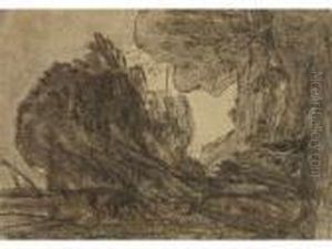 Paysans Pres Des Grands Arbres by Jean-Baptiste-Camille Corot