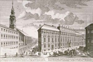 View of the Dorotheergasse showing the Stallburg and the monastery church of the Dorotheum by Salomon Kleiner