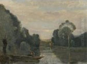 Grez-sur-loing, Pecheur En Barque, Le Matin by Jean-Baptiste-Camille Corot