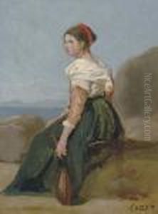 Femme Assise, Tenant Une Mandoline by Jean-Baptiste-Camille Corot