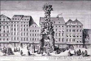View of the Pestsaule the Plague Column commissioned by Emperor Leopold I to commemorate Viennas deliverance from the plague of 1679 devised by the Jesuits and executed by Matthias Rauchmiller Lodovico Burnacini and Johann Bernhard Fisher von Erlach