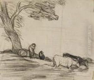 Landscape With A Shepherd And 
Cows At A Watering Hole; Landscapewith Animals (double-sided) by Jean-Baptiste-Camille Corot