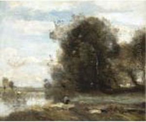 Le Pecheur A La Ligne. Souvenir Des Marais Du Nord by Jean-Baptiste-Camille Corot