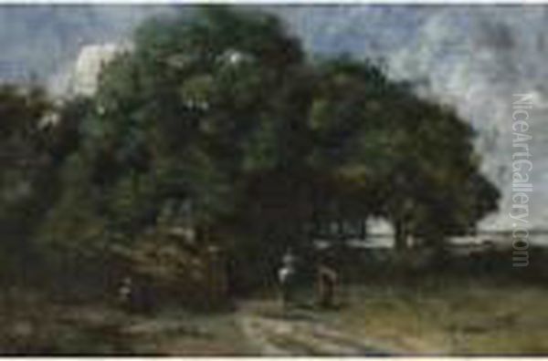 Route A L'entree D'un Bois Avec Un Cavalier Et Une Paysanne - view 1