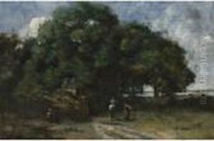 Route A L'entree D'un Bois Avec Un Cavalier Et Une Paysanne by Jean-Baptiste-Camille Corot