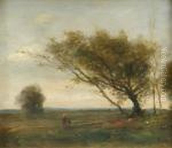 Follower Of
Jean-baptiste-camille Corot Landscape With Two Figures And A Group Of
Windswepttrees - view 1