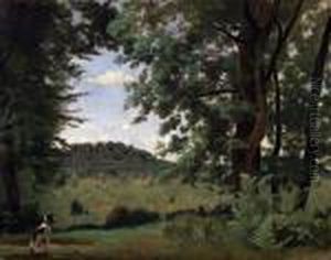 Fontainebleau, Chien En Clairiere De Foret by Jean-Baptiste-Camille Corot