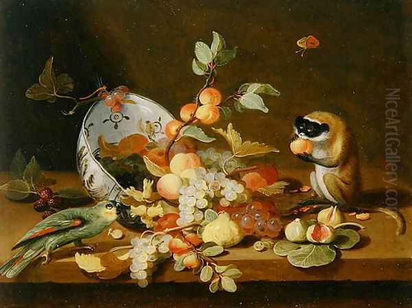 Grapes and Peaches Spilling from an Overturned Delft Bowl - view 1