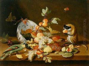 Grapes and Peaches Spilling from an Overturned Delft Bowl by Jan van Kessel