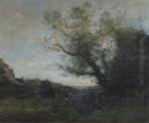 A Figure In A Wooded Landscape by Jean-Baptiste-Camille Corot
