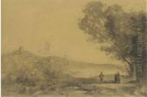 A Landscape With A Hilltown In The Background, Three Figures To Theright by Jean-Baptiste-Camille Corot
