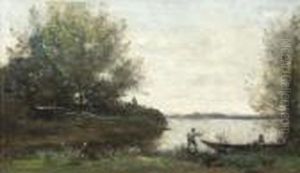 Le Pecheur Et Le Batelier by Jean-Baptiste-Camille Corot