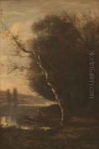Lakeside Barbizon Scene With Boating Figure by Jean-Baptiste-Camille Corot