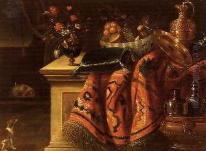 A still life with a vase of flowers fruit in a bowl a silver gilt ewer and plate and a cushion by Jan van Kessel