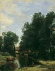 La Petite Vachere Au Bord De L'eau (landschaft In Der Umgebung Von Gisors). by Jean-Baptiste-Camille Corot