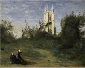 Paysage A La Tour Blanche, Souvenir De Crecy by Jean-Baptiste-Camille Corot