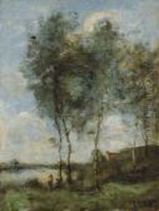 Pecheur Au Bord De La Riviere by Jean-Baptiste-Camille Corot