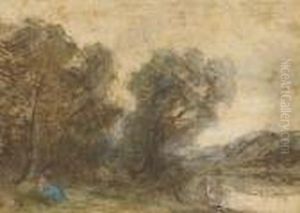 Un Paysage Avec Des Arbres Et Une Riviere, Une Figure Assise A Gauche by Jean-Baptiste-Camille Corot