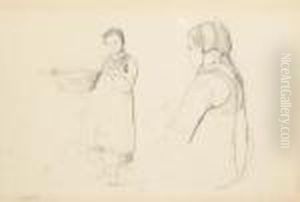 A Girl Holding A Basket, And The Same Seated Girl In Profile To Theleft, Half-length by Jean-Baptiste-Camille Corot