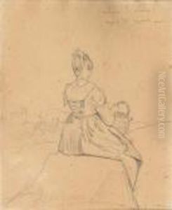 A Seated Girl Seen From Behind, A Village In The Background