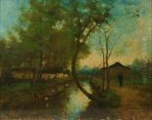A Figure And Buildings On The Bank Of A River by Jean-Baptiste-Camille Corot