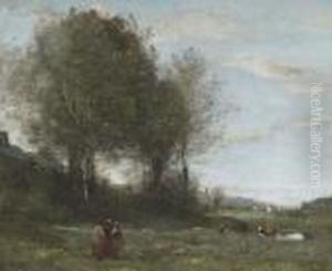 Trois Paysannes Dans Un Pre, Souvenir De Bretagne by Jean-Baptiste-Camille Corot