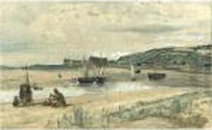 Plage De Sable Avec Bateaux Et Pecheurs (sainte-adresse) by Jean-Baptiste-Camille Corot