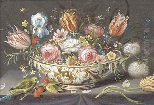 Carnations, roses, tulips and other flowers in a porcelain bowl on a ledge with a finch, cherries and a butterfly - view 1