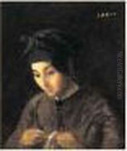 Jeune Femme Cousant, Circa 1850-55 by Jean-Baptiste-Camille Corot