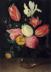 Roses, tulips, an iris, pansies and an anemone in a glass vase by Jan van Kessel