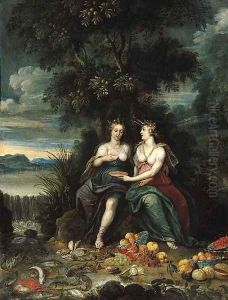 Personifications of the Elements of Water and Earth seated on a river bank by a waterfall, fruit and fish in the foreground by Jan van Kessel