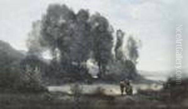 Groupe D'arbres Au Bord D'un Etang Avec Trois Campagnards Debout Etdeux Vaches - view 1