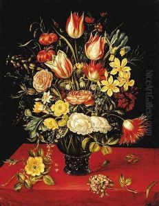 Tulips, lilies, daffodils, irises, roses, hypericum, forget-me-nots, chicory, honeysuckle and other flowers in a roemer by Jan van Kessel