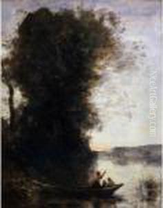 Le Batelier Quittant La Rive
Avec Une Femme Et Un Enfant Assis Dans Sa Barque, Soleil Couchant by Jean-Baptiste-Camille Corot