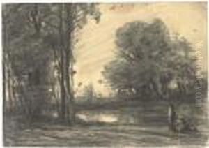 A Wooded River Landscape With A Man By A Pond by Jean-Baptiste-Camille Corot