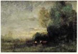 Paysage D'ete : "deux Vaches Dans Un Pre" by Jean-Baptiste-Camille Corot