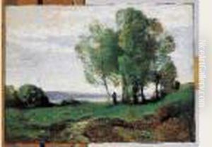 Personnage Sous Les Arbres Au Bord De L'eau Vers 1860-1865 by Jean-Baptiste-Camille Corot