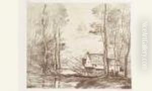 Le Moulin De Cuincy, Pres Douai. 1871. Autographie. by Jean-Baptiste-Camille Corot