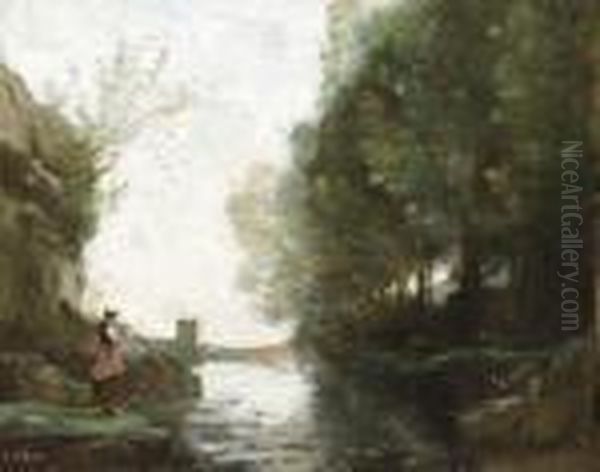 Le Cours D'eau La Tour Carre (paysanne Debout Au Premierplan) - view 1