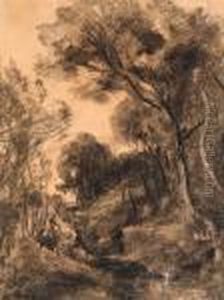 Personnages En Sous-bois En Fort De Fontainebleau (people In Theforest Of Fontainebleau) by Jean-Baptiste-Camille Corot