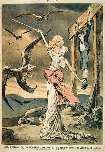 Caricature of Sarah Bernhardt portrayed as the Old Testament heroine Rizpah protecting her son from the clerical vultures of the Catholic Church - view 1