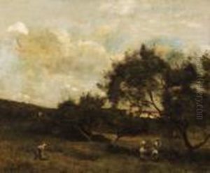 Paysans En Vue D'un Village (peasants Within Sight Of Avillage) by Jean-Baptiste-Camille Corot