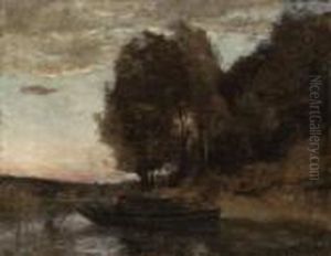 Pcheur En Barque Longeant Une Crte Boise (fisherman Boating Along Awooded Landscape) by Jean-Baptiste-Camille Corot