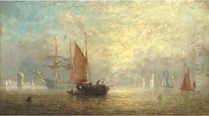 Fishermen unloading at dusk, with a frigate at anchor beyond by Adolphus Knell