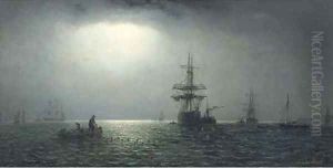 Shipping in coastal waters by moonlight by Adolphus Knell
